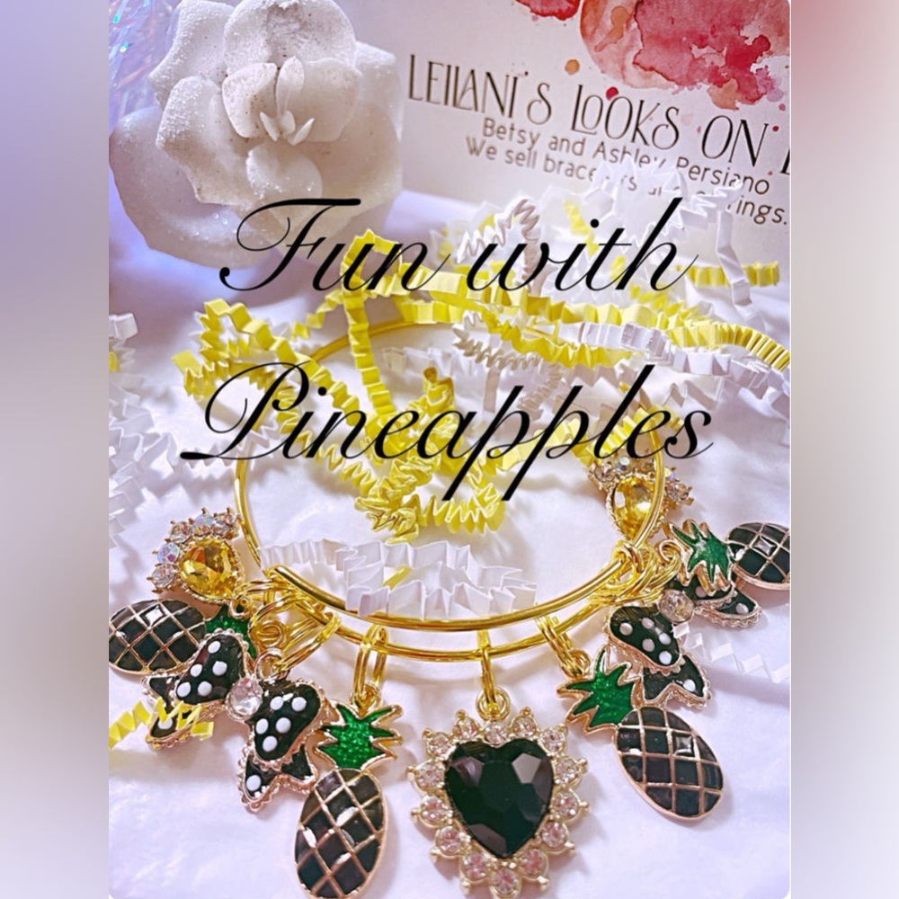 Pineapple gold charm bangle bracelet,Flamingos, rhinestone flamingos,Summer,